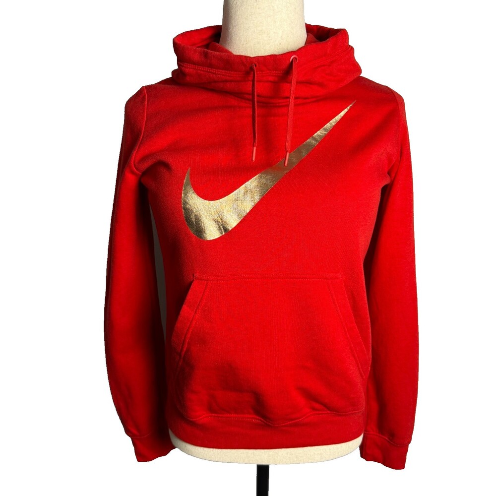 Nike Sportswear Club Fleece Women's Funnel-Neck Metallic Swoosh Hoodie Sz M Red